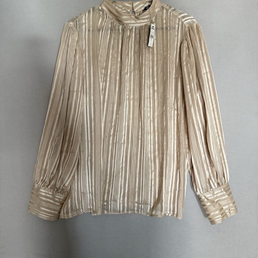 Express Women Blouse Extra Large Gold Satin Striped Long Sleeve Button Neck New